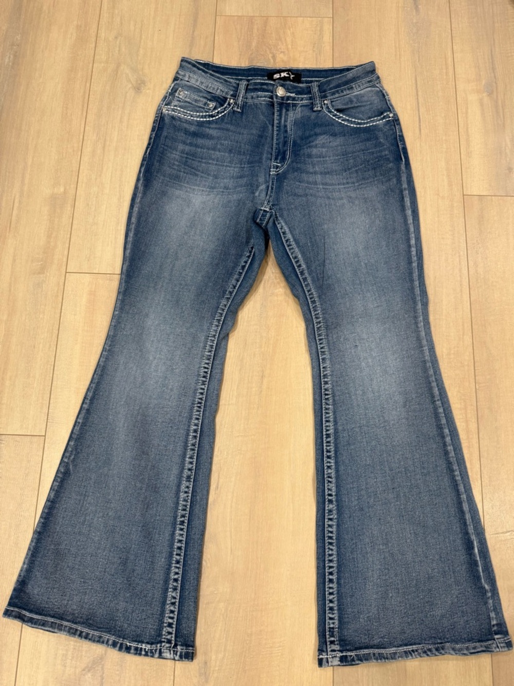 Sky Blue Flare Jeans with Contrast Stitching